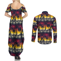 Hawaii Hibiscus Palm Tree Sunset Couples Matching Summer Maxi Dress and Long Sleeve Button Shirt Tropical Style - Wonder Print Shop