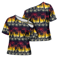 Hawaii Hibiscus Palm Tree Sunset Cross Shoulder Shirt Tropical Style - Wonder Print Shop