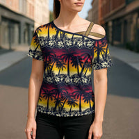 Hawaii Hibiscus Palm Tree Sunset Cross Shoulder Shirt Tropical Style - Wonder Print Shop
