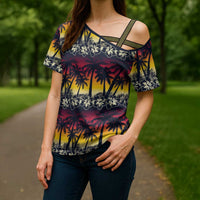 Hawaii Hibiscus Palm Tree Sunset Cross Shoulder Shirt Tropical Style - Wonder Print Shop