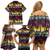 Hawaii Hibiscus Palm Tree Sunset Family Matching Off Shoulder Short Dress and Hawaiian Shirt Tropical Style - Wonder Print Shop
