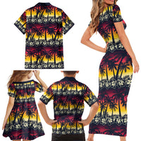 Hawaii Hibiscus Palm Tree Sunset Family Matching Short Sleeve Bodycon Dress and Hawaiian Shirt Tropical Style - Wonder Print Shop