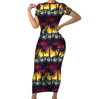 Hawaii Hibiscus Palm Tree Sunset Family Matching Short Sleeve Bodycon Dress and Hawaiian Shirt Tropical Style - Wonder Print Shop