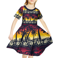 Hawaii Hibiscus Palm Tree Sunset Kid Short Sleeve Dress Tropical Style - Wonder Print Shop