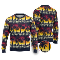 Hawaii Hibiscus Palm Tree Sunset Ugly Christmas Sweater Tropical Style - Wonder Print Shop