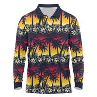 Hawaii Hibiscus Palm Tree Sunset Long Sleeve Polo Shirt Tropical Style - Wonder Print Shop