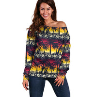 Hawaii Hibiscus Palm Tree Sunset Off Shoulder Sweater Tropical Style - Wonder Print Shop