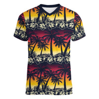 Hawaii Hibiscus Palm Tree Sunset Women V-Neck T-Shirt Tropical Style - Wonder Print Shop