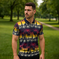 Hawaii Hibiscus Palm Tree Sunset Zipper Polo Shirt Tropical Style - Wonder Print Shop