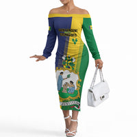 Personalised Saint Vincent and the Grenadines Off The Shoulder Long Sleeve Dress Coat of Arms Flag Stylized