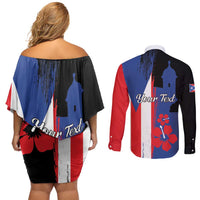 Personalized Boricua Couples Matching Off Shoulder Short Dress and Long Sleeve Button Shirt Puerto Rico El Morro Flag Style - Wonder Print Shop
