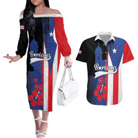Personalized Boricua Couples Matching Off The Shoulder Long Sleeve Dress and Hawaiian Shirt Puerto Rico El Morro Flag Style - Wonder Print Shop