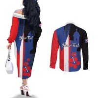 Personalized Boricua Couples Matching Off The Shoulder Long Sleeve Dress and Long Sleeve Button Shirt Puerto Rico El Morro Flag Style