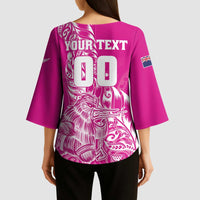 Custom New Zealand Rugby Silver Fern Kimono Sleeve Blouse Aotearoa Kiwi Maori Pink Version - Wonder Print Shop