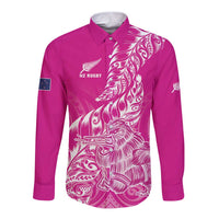 Custom New Zealand Rugby Silver Fern Long Sleeve Button Shirt Aotearoa Kiwi Maori Pink Version - Wonder Print Shop