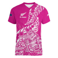 Custom New Zealand Rugby Silver Fern Women V-Neck T-Shirt Aotearoa Kiwi Maori Pink Version - Wonder Print Shop