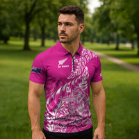 Custom New Zealand Rugby Silver Fern Zipper Polo Shirt Aotearoa Kiwi Maori Pink Version - Wonder Print Shop