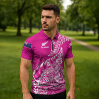 Custom New Zealand Rugby Silver Fern Zipper Polo Shirt Aotearoa Kiwi Maori Pink Version - Wonder Print Shop