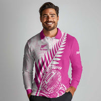 Custom New Zealand Rugby Silver Fern Long Sleeve Polo Shirt Aotearoa Maori Pink Version - Wonder Print Shop