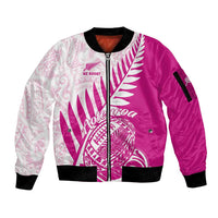 Custom New Zealand Rugby Silver Fern Sleeve Zip Bomber Jacket Aotearoa Maori Pink Version - Wonder Print Shop
