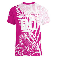 Custom New Zealand Rugby Silver Fern Women V-Neck T-Shirt Aotearoa Maori Pink Version - Wonder Print Shop