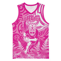 New Zealand Silver Fern Rugby All Pink Basketball Jersey Maori Tiki Player With Ta Moko Tribal - Wonder Print Shop