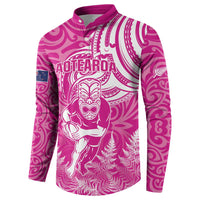 New Zealand Silver Fern Rugby All Pink Button Sweatshirt Maori Tiki Player With Ta Moko Tribal - Wonder Print Shop