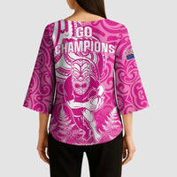 New Zealand Silver Fern Rugby All Pink Kimono Sleeve Blouse Maori Tiki Player With Ta Moko Tribal - Wonder Print Shop