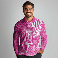 New Zealand Silver Fern Rugby All Pink Long Sleeve Polo Shirt Maori Tiki Player With Ta Moko Tribal - Wonder Print Shop