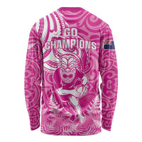 New Zealand Silver Fern Rugby All Pink Long Sleeve Shirt Maori Tiki Player With Ta Moko Tribal - Wonder Print Shop