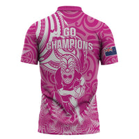 New Zealand Silver Fern Rugby All Pink Zipper Polo Shirt Maori Tiki Player With Ta Moko Tribal - Wonder Print Shop