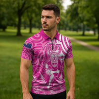New Zealand Silver Fern Rugby All Pink Zipper Polo Shirt Maori Tiki Player With Ta Moko Tribal - Wonder Print Shop