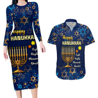 Personalised Hanukkah Festival Couples Matching Long Sleeve Bodycon Dress and Hawaiian Shirt Eight Nights Menorah Dreidel - Wonder Print Shop