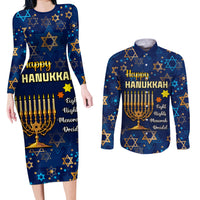 Personalised Hanukkah Festival Couples Matching Long Sleeve Bodycon Dress and Long Sleeve Button Shirt Eight Nights Menorah Dreidel - Wonder Print Shop