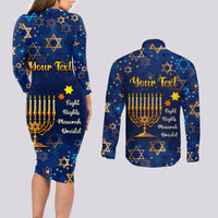 Personalised Hanukkah Festival Couples Matching Long Sleeve Bodycon Dress and Long Sleeve Button Shirt Eight Nights Menorah Dreidel - Wonder Print Shop