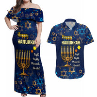 Personalised Hanukkah Festival Couples Matching Off Shoulder Maxi Dress and Hawaiian Shirt Eight Nights Menorah Dreidel - Wonder Print Shop