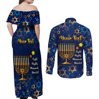 Personalised Hanukkah Festival Couples Matching Off Shoulder Maxi Dress and Long Sleeve Button Shirt Eight Nights Menorah Dreidel - Wonder Print Shop