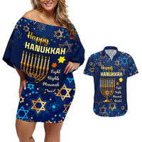 Personalised Hanukkah Festival Couples Matching Off Shoulder Short Dress and Hawaiian Shirt Eight Nights Menorah Dreidel - Wonder Print Shop