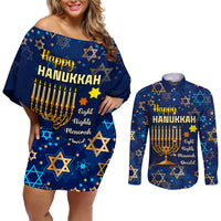 Personalised Hanukkah Festival Couples Matching Off Shoulder Short Dress and Long Sleeve Button Shirt Eight Nights Menorah Dreidel - Wonder Print Shop