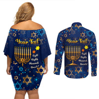 Personalised Hanukkah Festival Couples Matching Off Shoulder Short Dress and Long Sleeve Button Shirt Eight Nights Menorah Dreidel - Wonder Print Shop