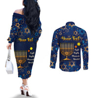 personalised-hanukkah-festival-couples-matching-off-the-shoulder-long-sleeve-dress-and-long-sleeve-button-shirt-eight-nights-menorah-dreidel