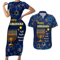 Personalised Hanukkah Festival Couples Matching Short Sleeve Bodycon Dress and Hawaiian Shirt Eight Nights Menorah Dreidel - Wonder Print Shop