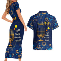 Personalised Hanukkah Festival Couples Matching Short Sleeve Bodycon Dress and Hawaiian Shirt Eight Nights Menorah Dreidel - Wonder Print Shop