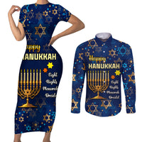 Personalised Hanukkah Festival Couples Matching Short Sleeve Bodycon Dress and Long Sleeve Button Shirt Eight Nights Menorah Dreidel - Wonder Print Shop