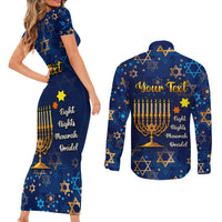 Personalised Hanukkah Festival Couples Matching Short Sleeve Bodycon Dress and Long Sleeve Button Shirt Eight Nights Menorah Dreidel - Wonder Print Shop