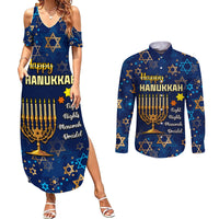 Personalised Hanukkah Festival Couples Matching Summer Maxi Dress and Long Sleeve Button Shirt Eight Nights Menorah Dreidel - Wonder Print Shop