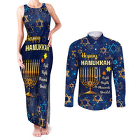Personalised Hanukkah Festival Couples Matching Tank Maxi Dress and Long Sleeve Button Shirt Eight Nights Menorah Dreidel - Wonder Print Shop