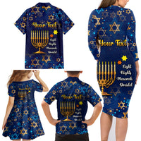 Personalised Hanukkah Festival Family Matching Long Sleeve Bodycon Dress and Hawaiian Shirt Eight Nights Menorah Dreidel - Wonder Print Shop