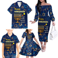 Personalised Hanukkah Festival Family Matching Off Shoulder Long Sleeve Dress and Hawaiian Shirt Eight Nights Menorah Dreidel - Wonder Print Shop