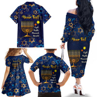 Personalised Hanukkah Festival Family Matching Off Shoulder Long Sleeve Dress and Hawaiian Shirt Eight Nights Menorah Dreidel - Wonder Print Shop
